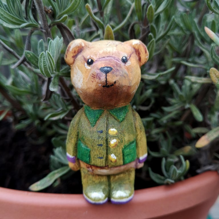 Hand carved, painted and finished wooden Wilber the teddy bear