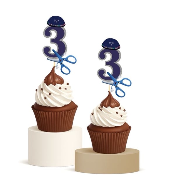Upsherin Number 3 Cupcake Toppers 15pk Haircut Kippah Scissors Party Decor
