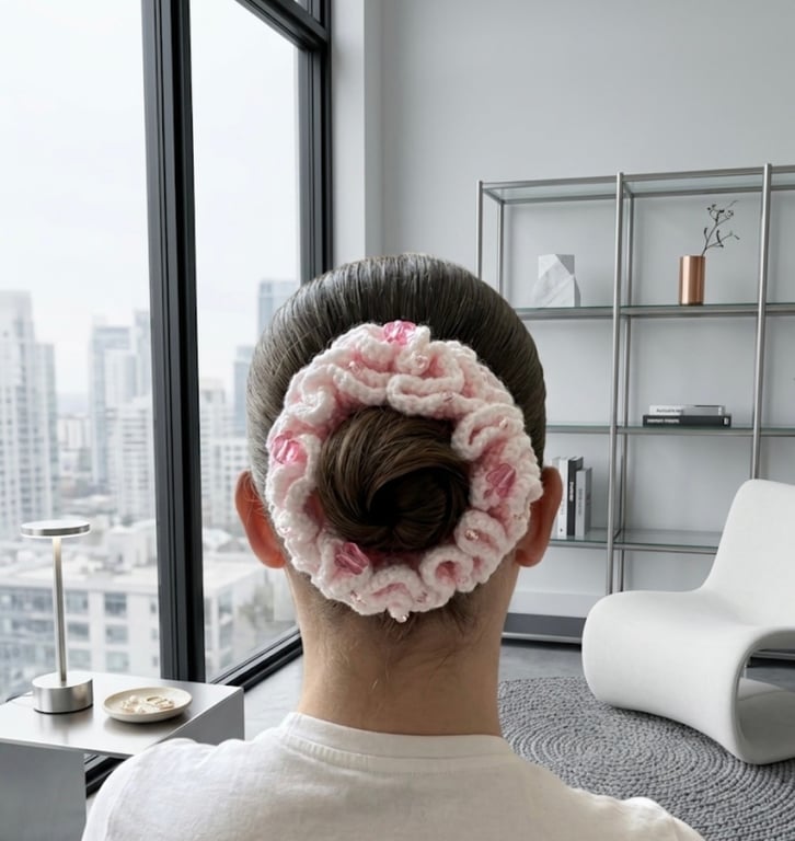 Pink & White Crochet Beaded Scrunchie with Butterfly Beads - Handmade Hair Tie