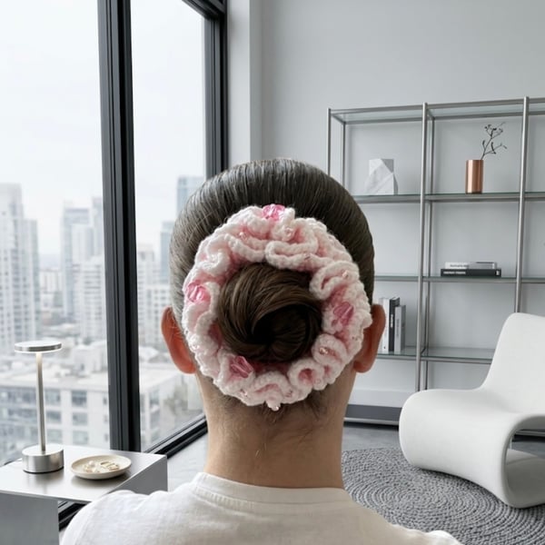 Pink & White Crochet Beaded Scrunchie with Butterfly Beads - Handmade Hair Tie