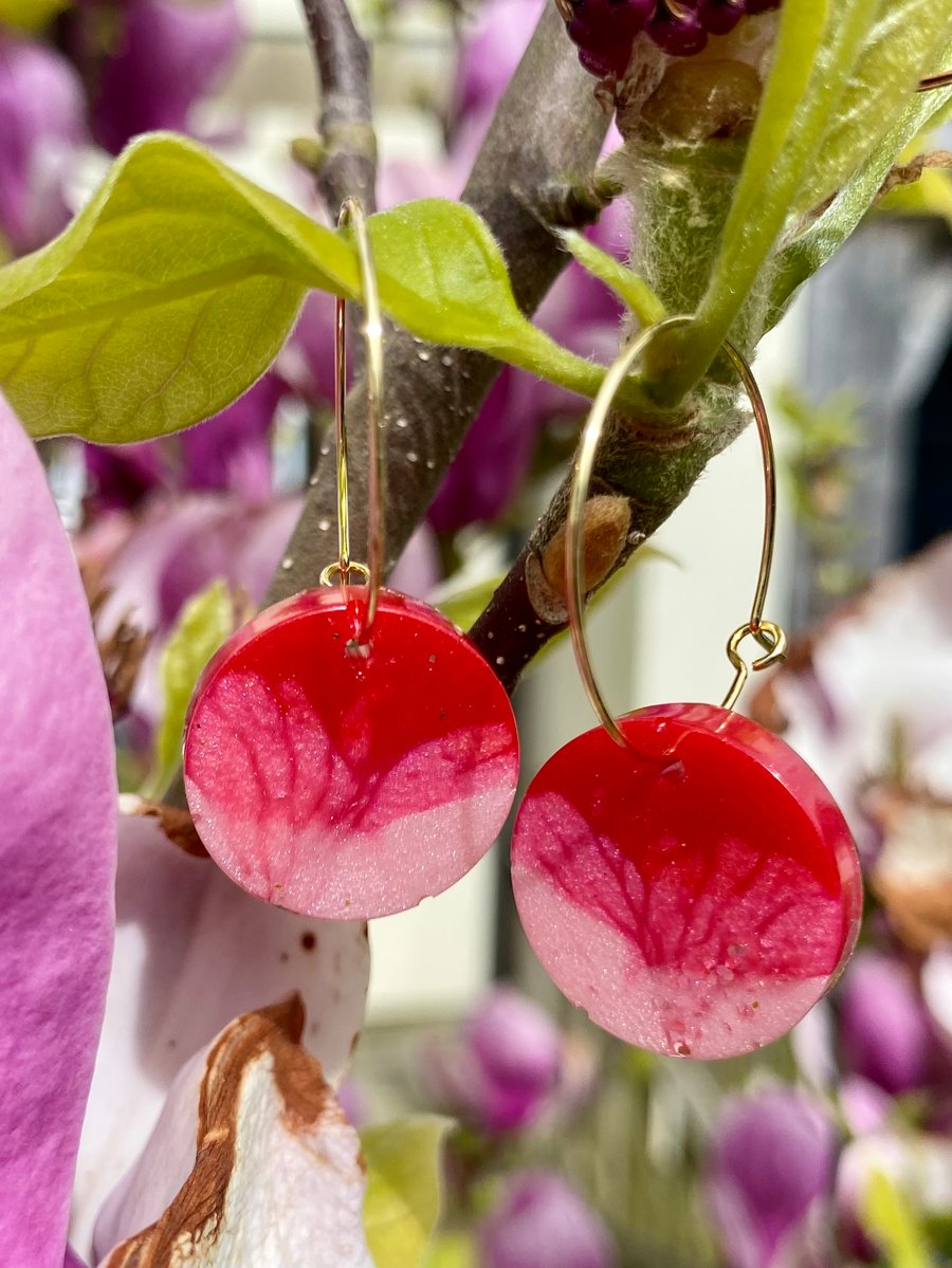 Handmade magenta and pink and biodegradable pink glitter disc hoop earrings
