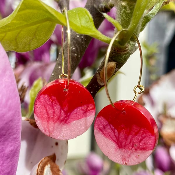 Handmade magenta and pink and biodegradable pink glitter disc hoop earrings