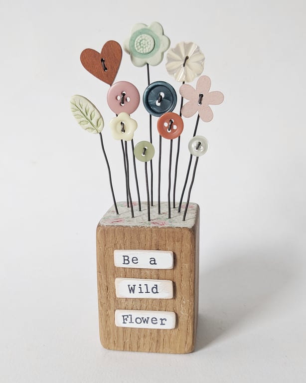 Clay Flower and Button Garden in a Wood Block 'Be a Wild Flower'