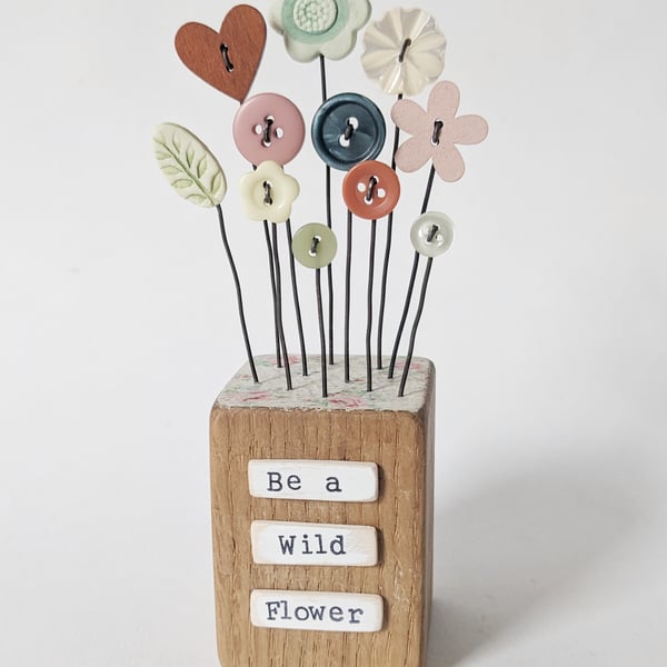 Clay Flower and Button Garden in a Wood Block 'Be a Wild Flower'