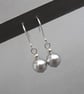 Simple Silver Grey Glass Pearl Drop Earrings - Round Light Grey Dangle Earrings  - Image 5