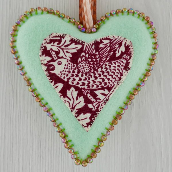 Liberty Felt Hanging Heart Beaded - Green & Strawberry Thief