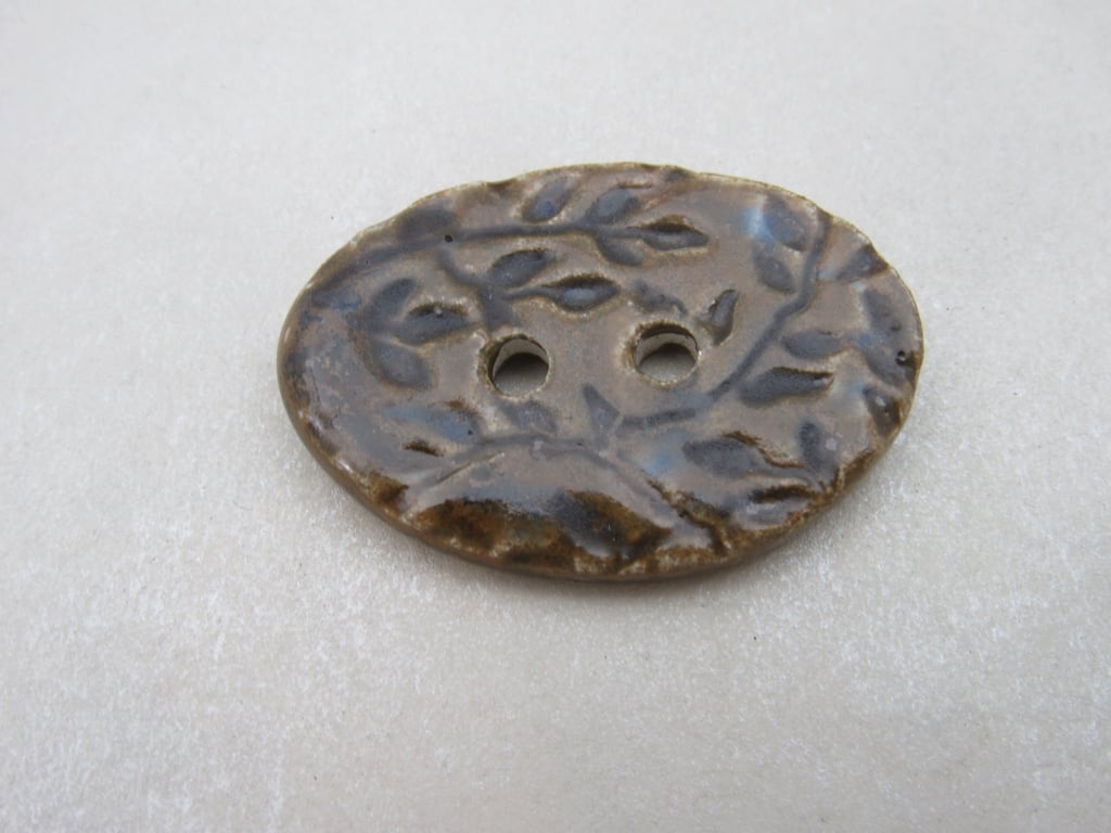 Large Stormy Olive Sprig Oval Handmade Ceramic Button
