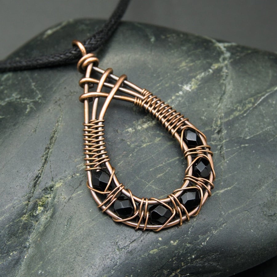 Copper Wire Weave Fishtailed Drop Pendant with Faceted Black Glass Beads
