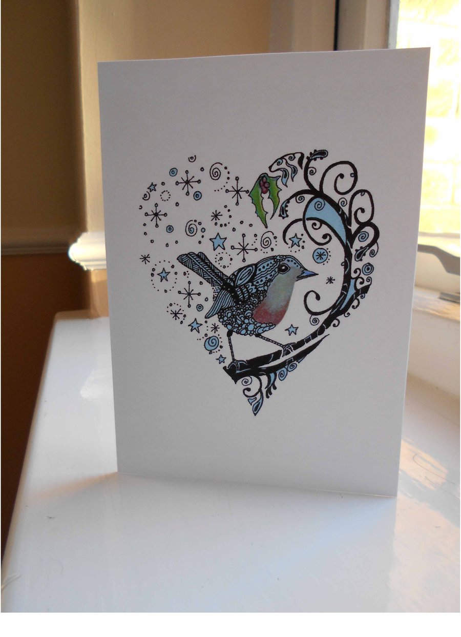 Mothers Day Handdrawn Blue Robin and Heart Greetings Card