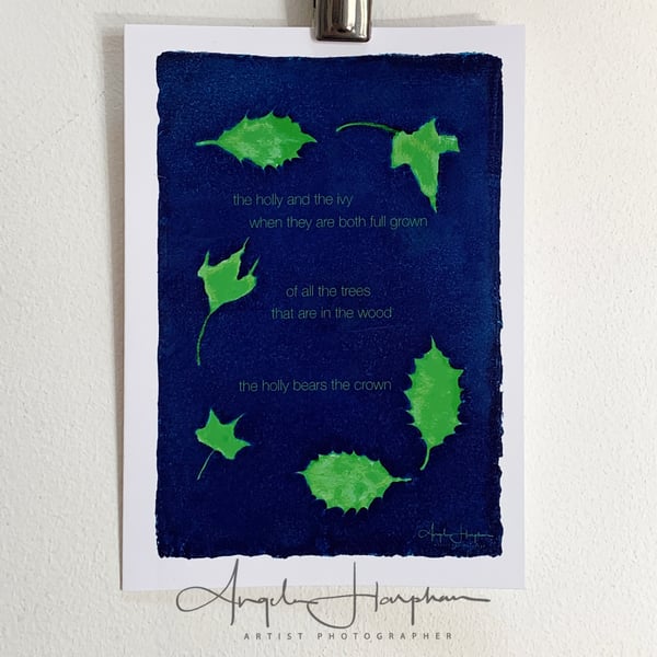 Blank Card Christmas Winter Festivals from Original Cyanotype - Holly and Ivy