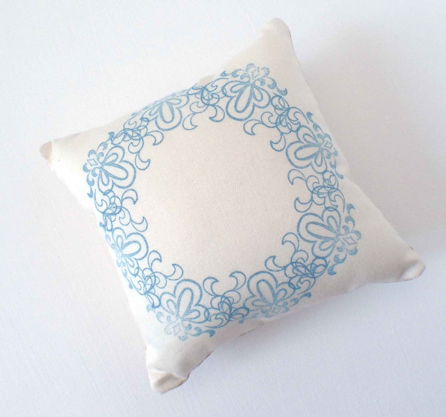 Small Cream Square Pin Cushion with Stamped Design 
