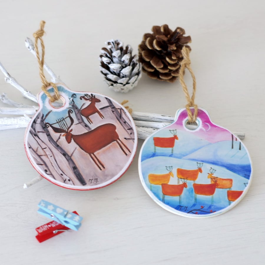 Christmas Hanging Decoration with Winter Landscape Art Print Set of 2