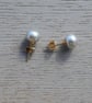 Silver Grey Pearl Button Earrings with 14k Gold Filled Stud and Back - Image 2