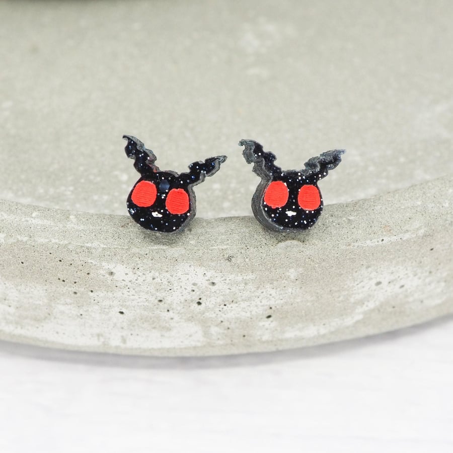 Titanium posts Mothman stud earrings - Black glitter Acrylic hypoallergenic 