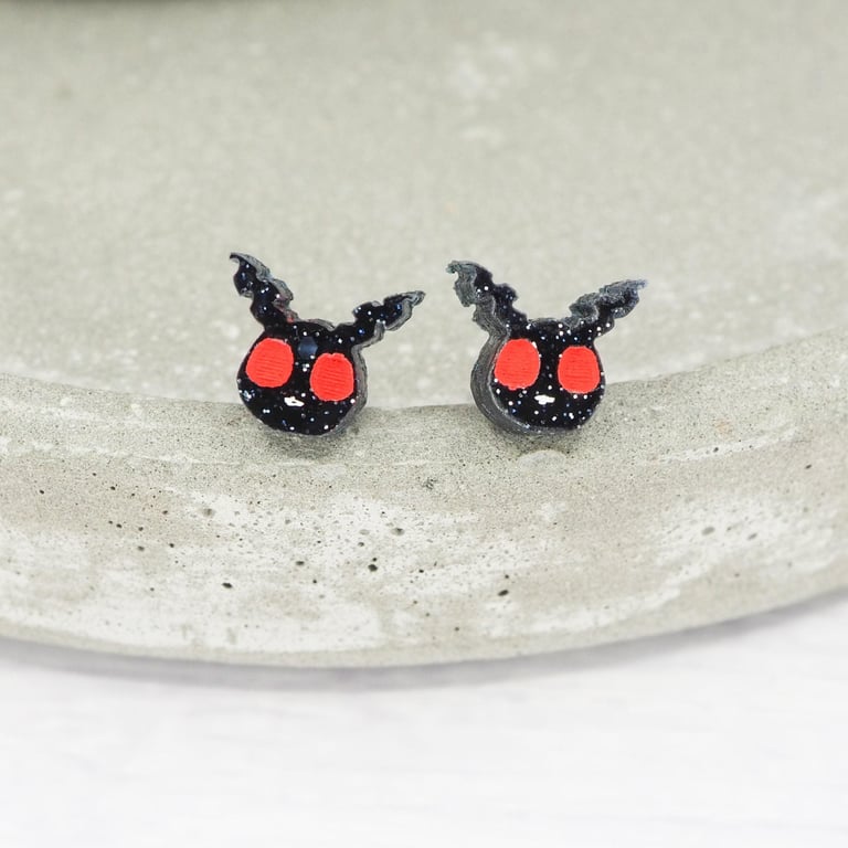 Titanium posts Mothman stud earrings - Black glitter Acrylic hypoallergenic 