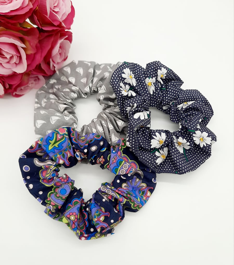 Scrunchie set, navy polkadot daisy,  grey sail boat. 