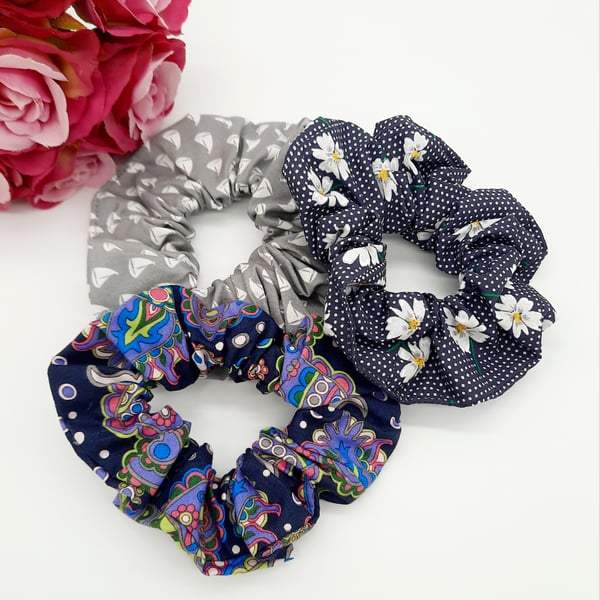 Scrunchie set, navy polkadot daisy,  grey sail boat. 