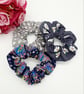 Scrunchie set, navy polkadot daisy,  grey sail boat. 