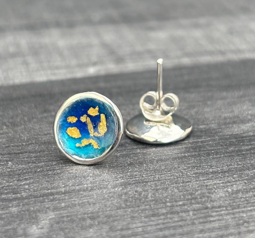 Enamel Studs, blue and gold studs, round blue studs, enamel jewellery, enamel,