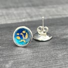 Enamel Studs, blue and gold studs, round blue studs, enamel jewellery, enamel,
