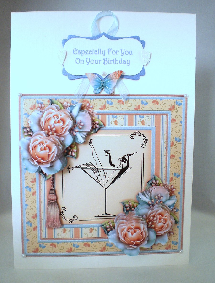  Decoupage Birthday Card, Champagne and flowers, Personalise