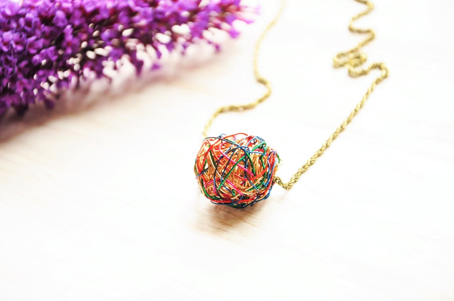 Wire Ball Necklace, Minimalist necklace, Copper pendant, Quirky necklace