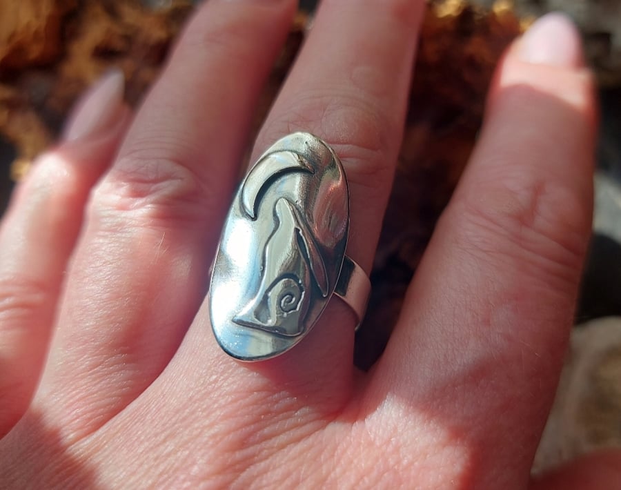 Silver moon gazing hare ring,  Silver saddle ring
