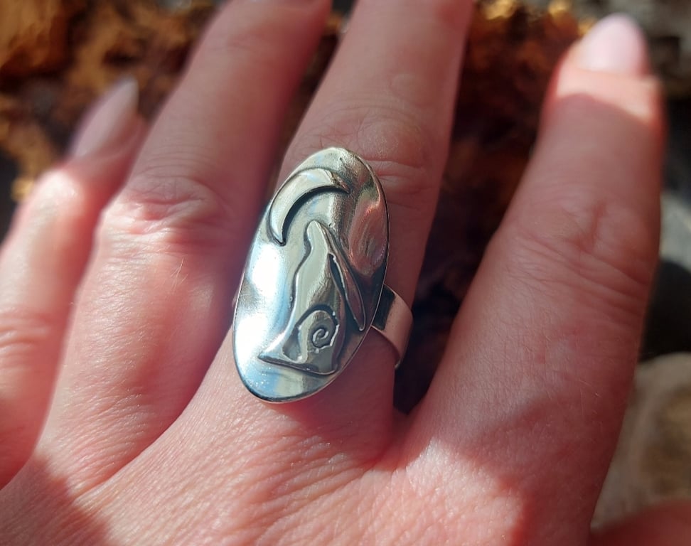 Silver moon gazing hare ring,  Silver saddle ring