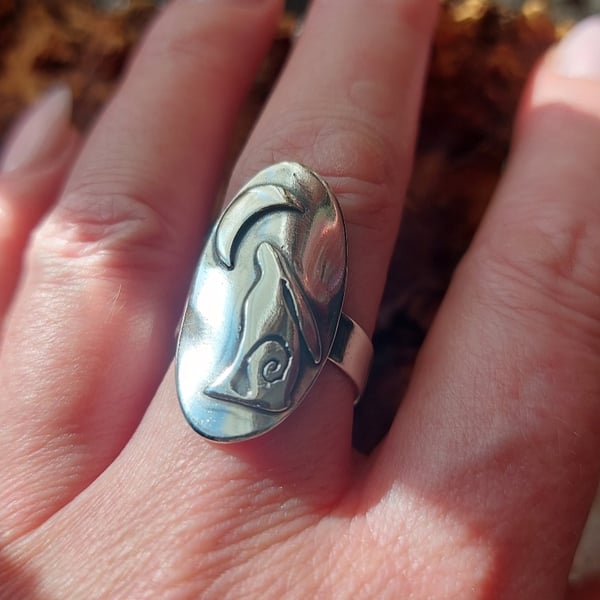 Silver moon gazing hare ring,  Silver saddle ring