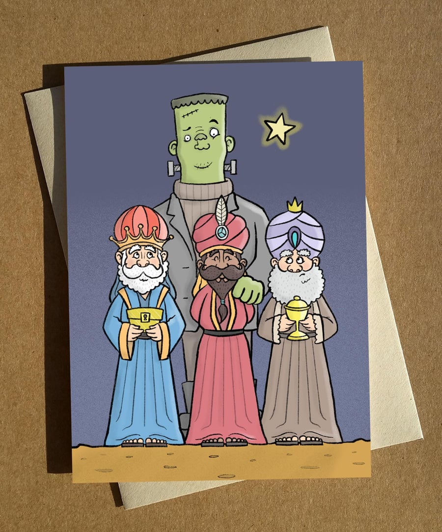 Wise Men Nativity Pun Christmas Card A6 - Gold Frankenstein and Myrrh