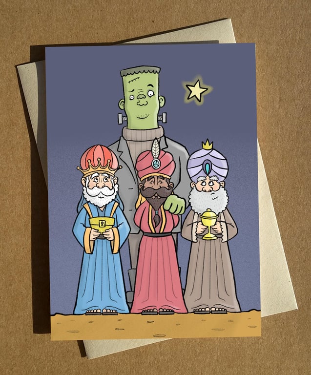 Wise Men Nativity Pun Christmas Card A6 - Gold Frankenstein and Myrrh
