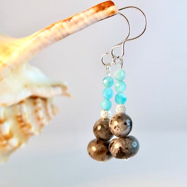 Amazonite And Larvikite Earrings With Sterling Silver - Handmade In Devon