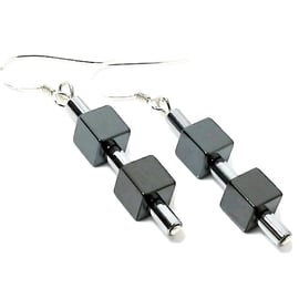 Hematite Cubes Sterling Silver Earrings With Silver Hematite Tubes - Under 15