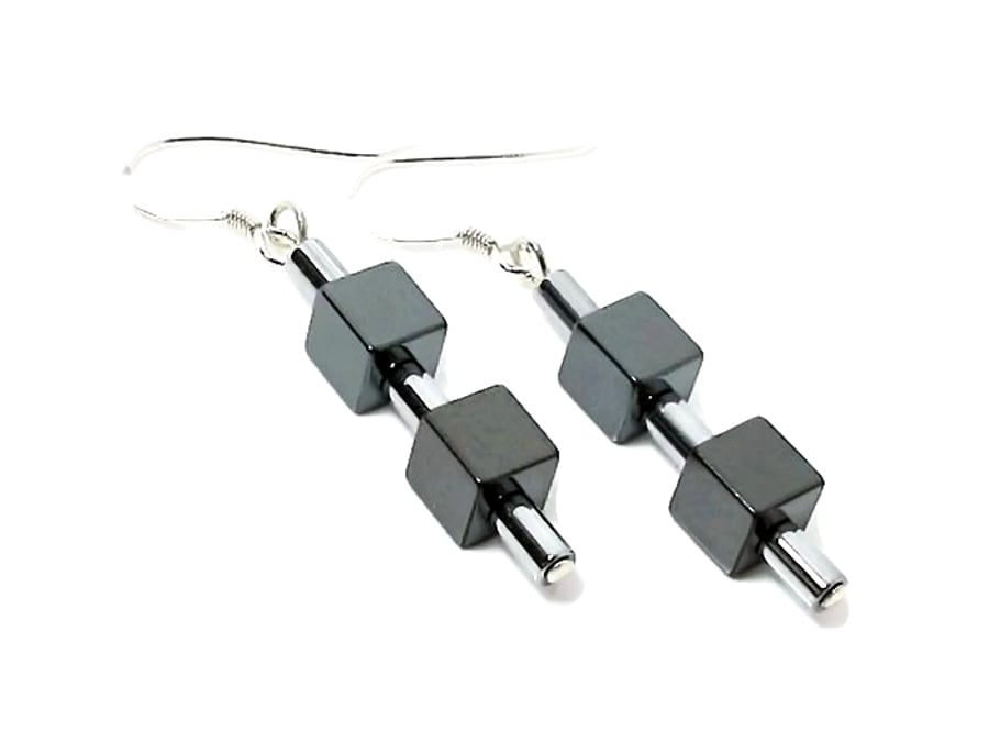 Hematite Cubes Sterling Silver Earrings With Silver Hematite Tubes - Under 20