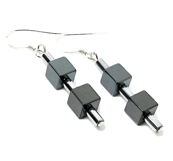 Hematite Cubes Sterling Silver Earrings With Silver Hematite Tubes - Under 20