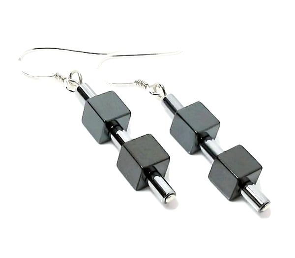 Hematite Cubes Sterling Silver Earrings With Silver Hematite Tubes - Under 20