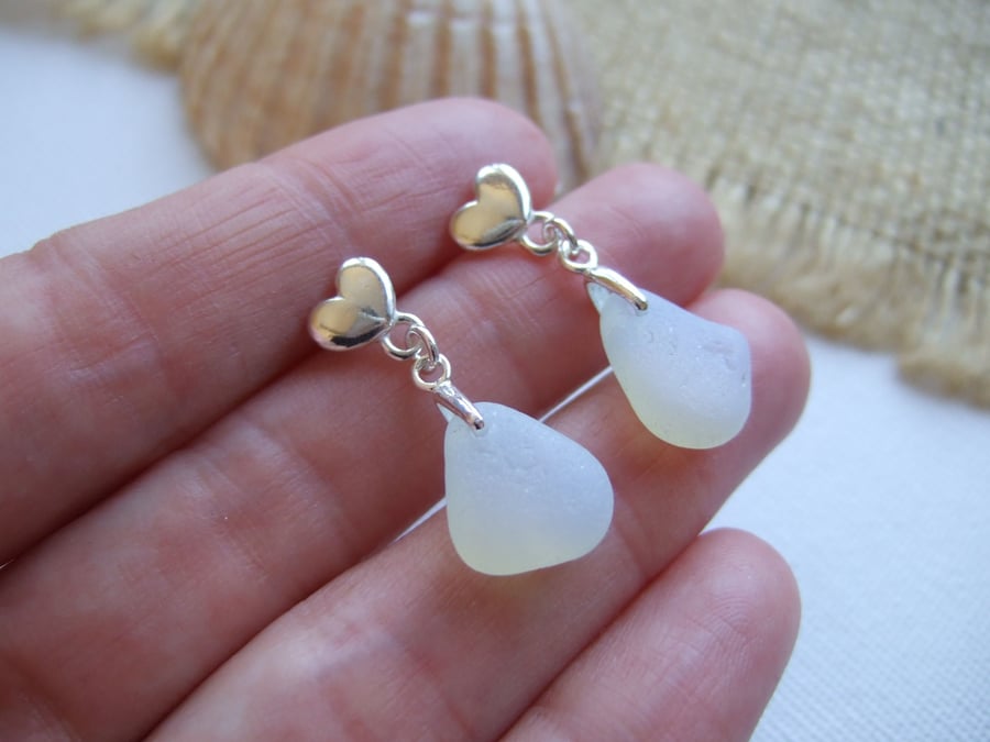 Seaham sea glass earrings, opalescent beach glass studs, sterling silver jewelry