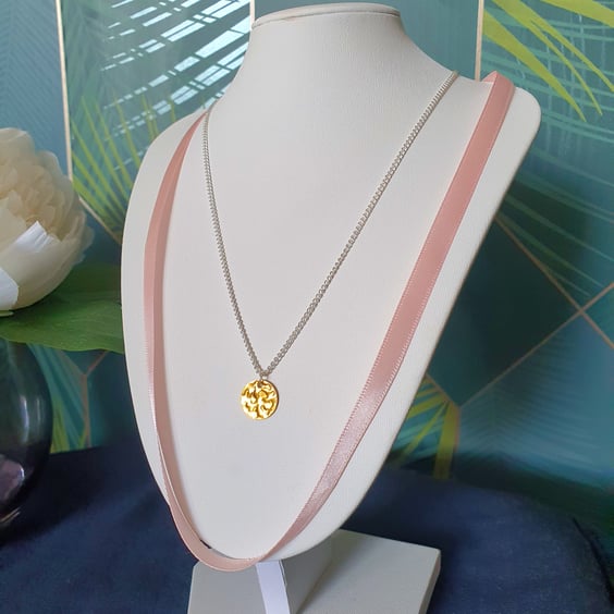 Pastel pink satin ribbon layered necklace with gold pendant 