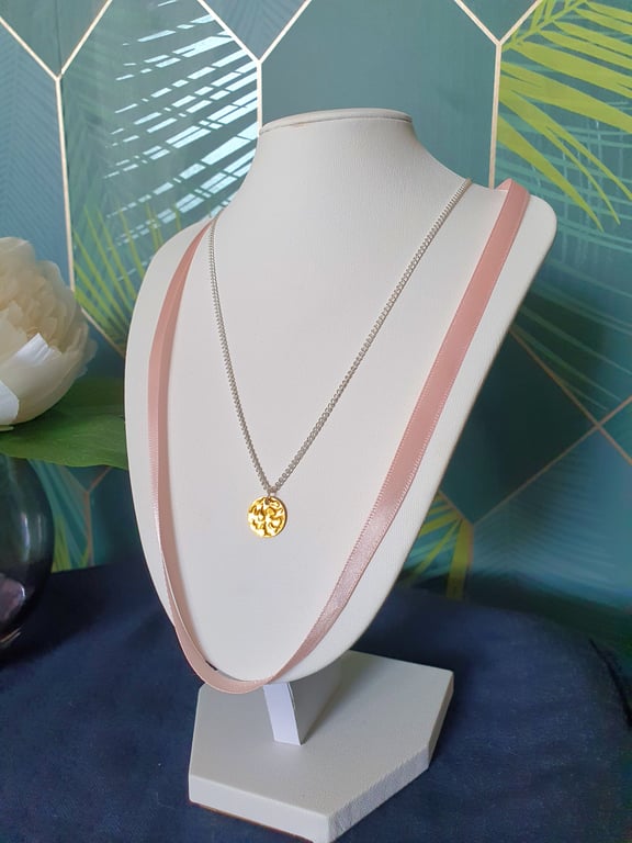 Pastel pink ribbon necklace with silver chain and gold pendant 