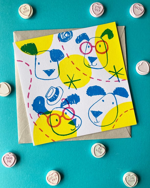 Happy Dogs Screen printed Square card on white by Jo Brown