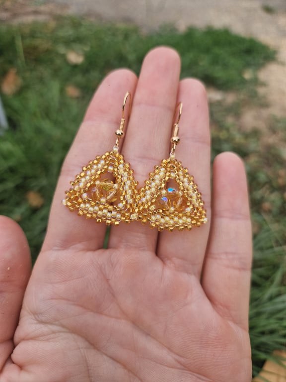 Gold and pale yellow shimmering gem triangular geometric earrings