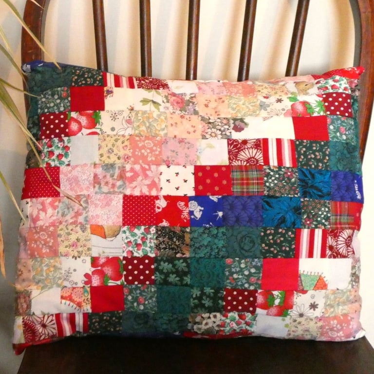 Multicoloured Patchwork Cotton Cushion with Pad