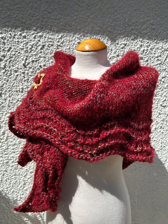 Halo Effect Red Mohair Hand Knitted Triangle Lace Shawl