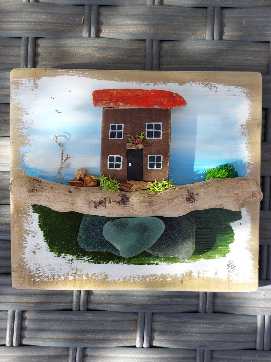 Driftwood Miniature Cottage on Reclaimed Wood, Sea Glass, Sustainable Wall Art