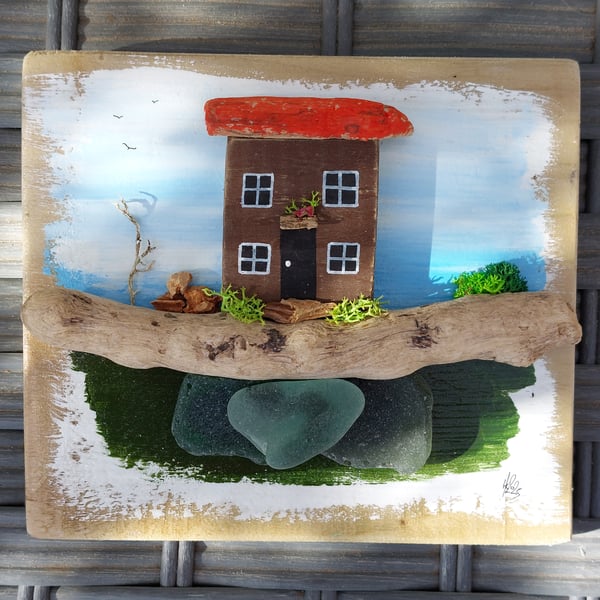 Driftwood Miniature Cottage on Reclaimed Wood, Sea Glass, Sustainable Wall Art