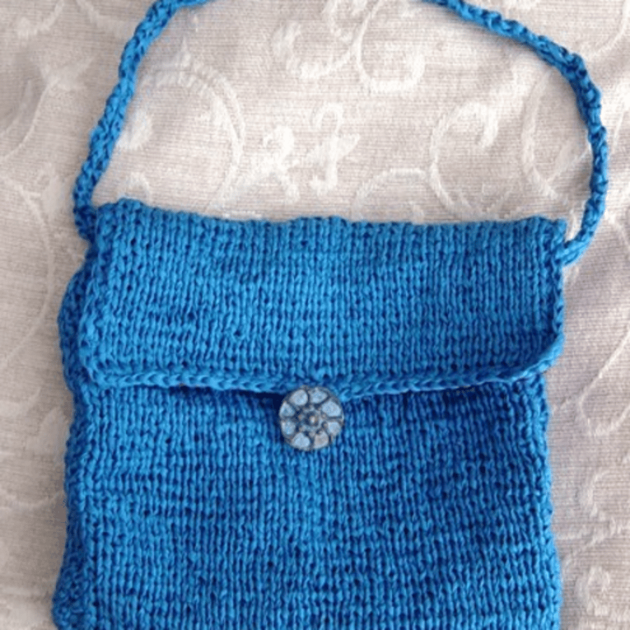 Ceramic Blue Ribbon: Hand Knitted Handbag with Handmade ceramic button