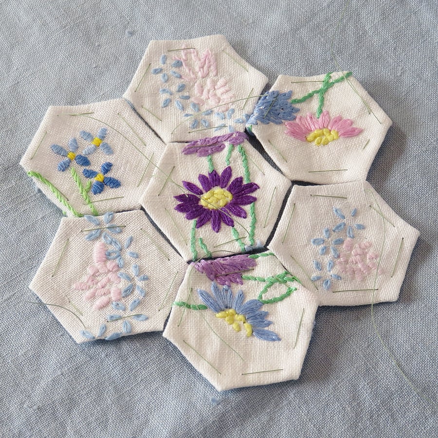 Pastel hexagonal patches from vintage linens