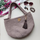 Crochet Cotton Beach Handbag Totebag In Taupe Warm Grey