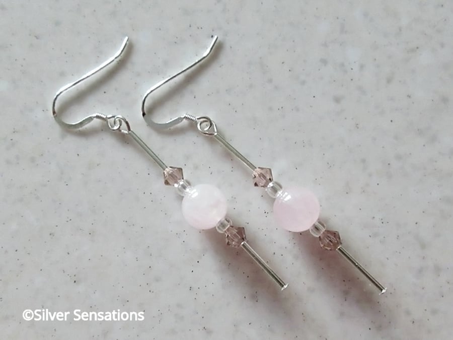Baby Pink Rose Quartz & Swarovski Crystals Sterling Silver Handmade Earrings