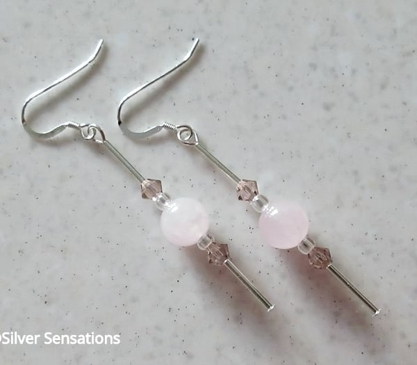 Baby Pink Rose Quartz & Swarovski Crystals Sterling Silver Handmade Earrings
